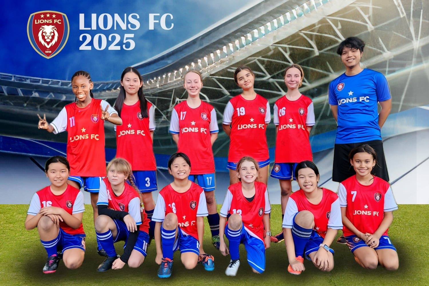 The Lions FC squad for the 2025-26 season with their coach, in club kit